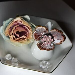 Antique Bronze Tone Enamel Flower Cocktail Ring